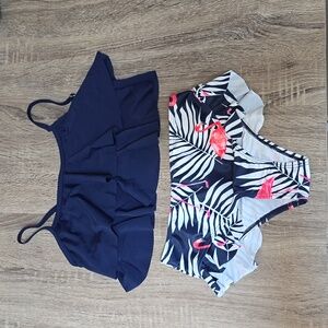 Flamingo Tankini  Navy and White  Tiered Top  Ruffle Leg  Kids Size 8/9  NEW